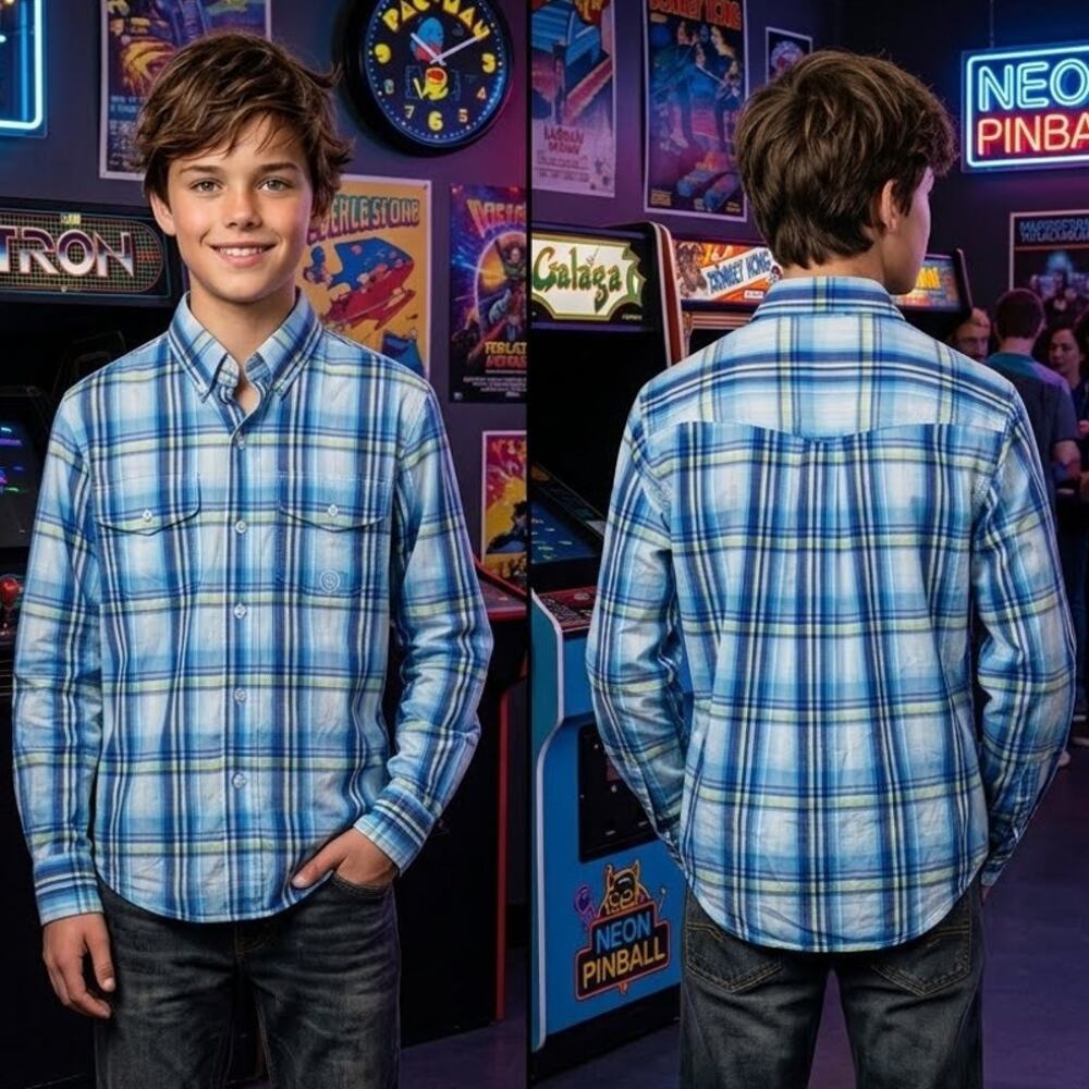 Roper Boys M 8-10 Plaid Long Sleeve Button Down Shirt Blue 30-32 Chest
